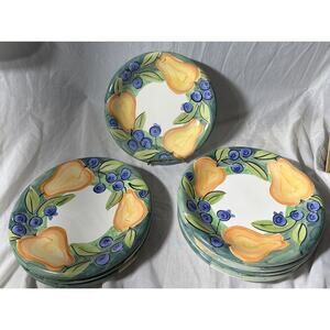 BOB MACKIE Design 2000 Pears  Plums Green Rim Fruit Design Dinner PLATES 10 1/2